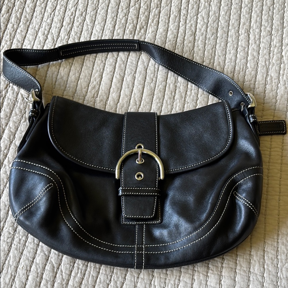 Coach Black Leather Shoulder Bag with Silver Buckle